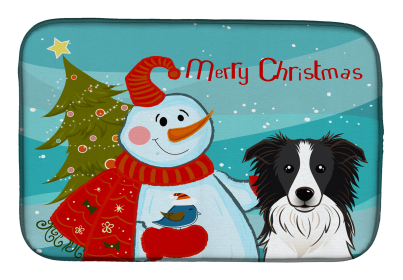Border Collie with Merry Christmas Snowman Dish Drying Mat