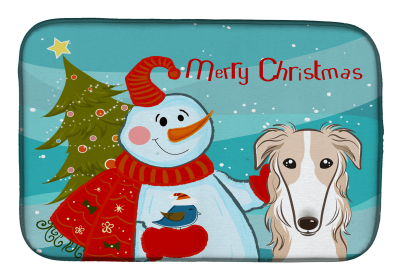 Borzoi with Merry Christmas Snowman Dish Drying Mat