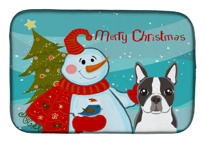 Boston Terrier with Merry Christmas Snowman Dish Drying Mat