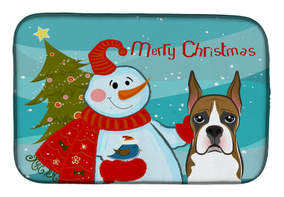 Boxer with Merry Christmas Snowman Dish Drying Mat