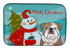 Bulldog with Merry Christmas Snowman Dish Drying Mat