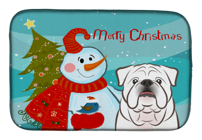 Bulldog - White with Merry Christmas Snowman Dish Drying Mat
