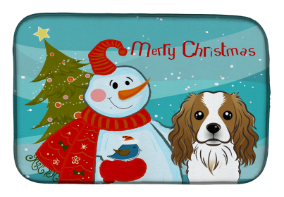 Cavalier King Charles Spaniel with Merry Christmas Snowman Dish Drying Mat