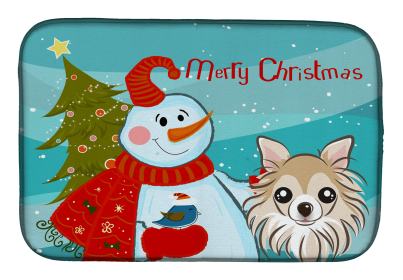 Chihuahua with Merry Christmas Snowman Dish Drying Mat