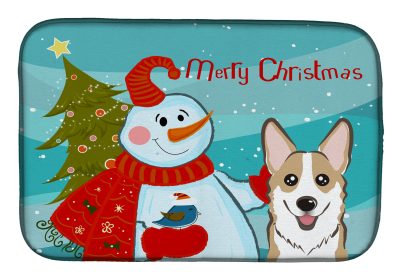 Corgi - Sable with Merry Christmas Snowman Dish Drying Mat