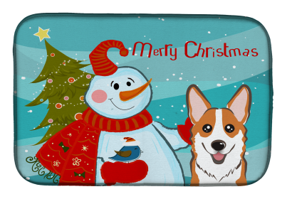 Corgi - Red - with Merry Christmas Snowman Dish Drying Mat