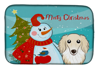 Dachshund - Longhair - Creme with Merry Christmas Snowman Dish Drying Mat