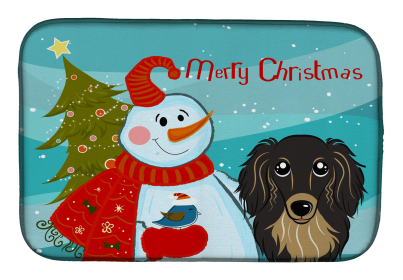 Dachshund - Longhair - Black and Tan with Merry Christmas Snowman Dish Drying Mat