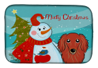 Dachshund - Longhair - Red with Merry Christmas Snowman Dish Drying Mat