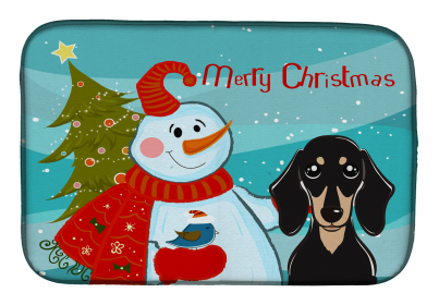 Dachshund - Black and Tan with Merry Christmas Snowman Dish Drying Mat