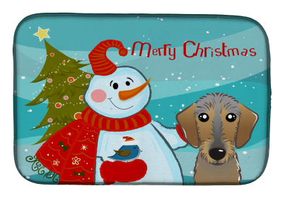 Dachshund - Wirehair with Merry Christmas Snowman Dish Drying Mat
