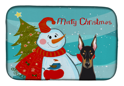 Doberman with Merry Christmas Snowman Dish Drying Mat