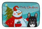 French Bulldog - Black with Merry Christmas Snowman Dish Drying Mat