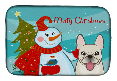 French Bulldog - Fawn with Merry Christmas Snowman Dish Drying Mat