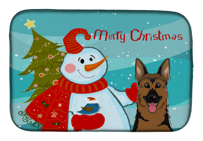 German Shepherd with Merry Christmas Snowman Dish Drying Mat