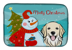Golden Retriever with Merry Christmas Snowman Dish Drying Mat
