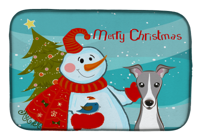 Italian Greyhound with Merry Christmas Snowman Dish Drying Mat