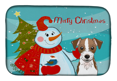 Jack Russell Terrier - Wirehair with Merry Christmas Snowman Dish Drying Mat