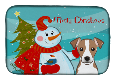 Jack Russell Terrier with Merry Christmas Snowman Dish Drying Mat