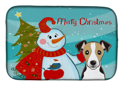 Jack Russell Terrier - Tricolor with Merry Christmas Snowman Dish Drying Mat