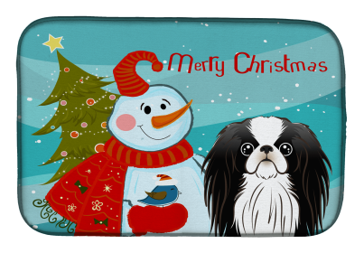 Japanese Chin with Merry Christmas Snowman Dish Drying Mat
