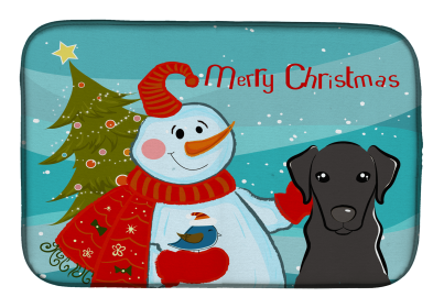 Labrador Retriever - Black - with Merry Christmas Snowman Dish Drying Mat