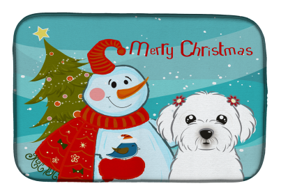 Maltese with Merry Christmas Snowman Dish Drying Mat