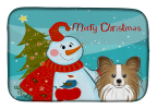 Papillon with Merry Christmas Snowman Dish Drying Mat