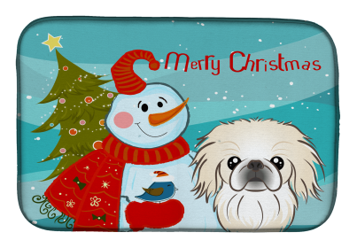 Pekingese with Merry Christmas Snowman Dish Drying Mat