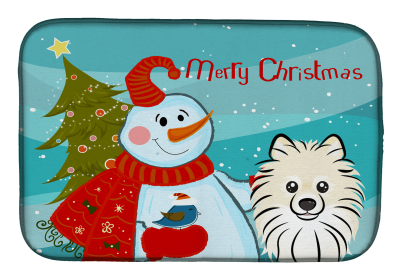 Pomeranian with Merry Christmas Snowman Dish Drying Mat