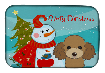 Poodle - Chocolate - with Merry Christmas Snowman Dish Drying Mat