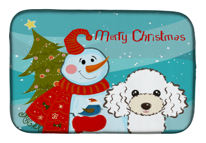 Poodle - White - with Merry Christmas Snowman Dish Drying Mat