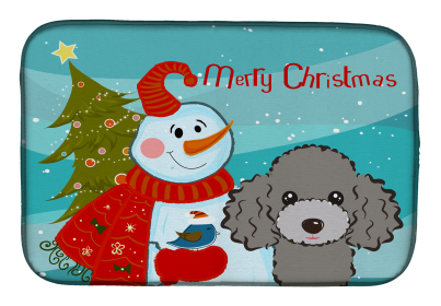 Poodle - Silver - with Merry Christmas Snowman Dish Drying Mat