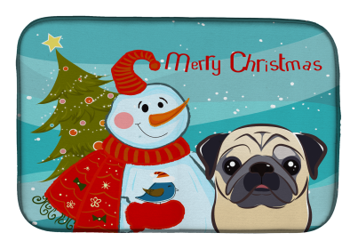 Pug - Fawn - with Merry Christmas Snowman Dish Drying Mat