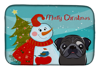 Pug - Black - with Merry Christmas Snowman Dish Drying Mat