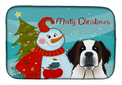 Saint Bernard with Merry Christmas Snowman Dish Drying Mat