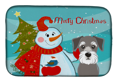 Schnauzer with Merry Christmas Snowman Dish Drying Mat