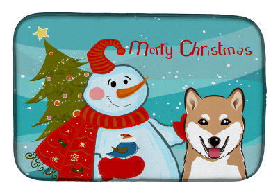 Shiba Inu with Merry Christmas Snowman Dish Drying Mat