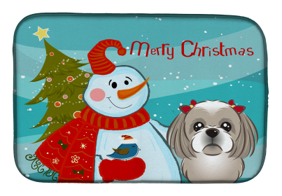 Shih Tzu - Silver - with Merry Christmas Snowman Dish Drying Mat