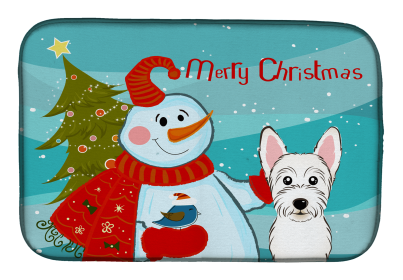 West Highland White Terrier with Merry Christmas Snowman Dish Drying Mat