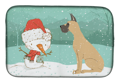 Great Dane - Cropped Ears - Fawn and Snowman Dish Drying Mat