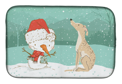 Greyhound - Brindle and Snowman Dish Drying Mat