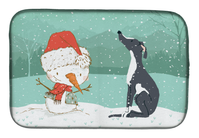 Greyhound - Black and White and Snowman Dish Drying Mat