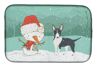 Bull Terrier - Black and Snowman Dish Drying Mat