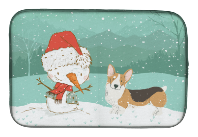Corgi - Pembroke - Tricolor and Snowman Dish Drying Mat