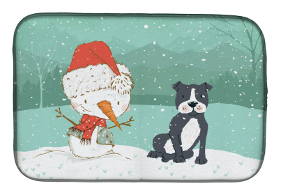 Staffordshire Bull Terrier - Black and Snowman Dish Drying Mat