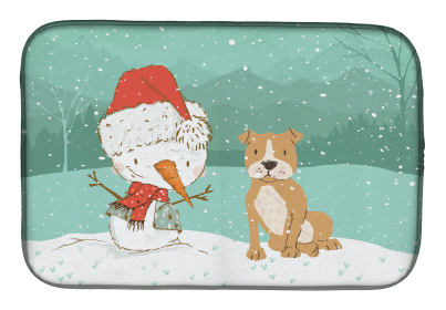 Staffordshire Bull Terrier - Brown and Snowman Dish Drying Mat