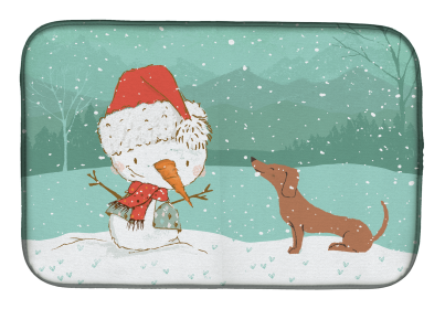 Dachshund - Red and Snowman Dish Drying Mat