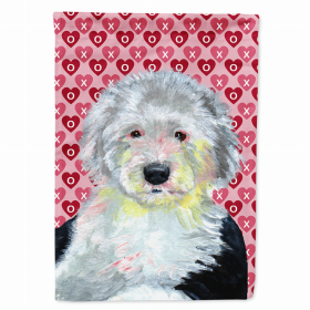Old English Sheepdog Hearts Love and Valentine's Day Portrait Garden Flag