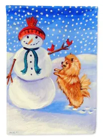 Pomeranian with Snowman Artwork House Flag